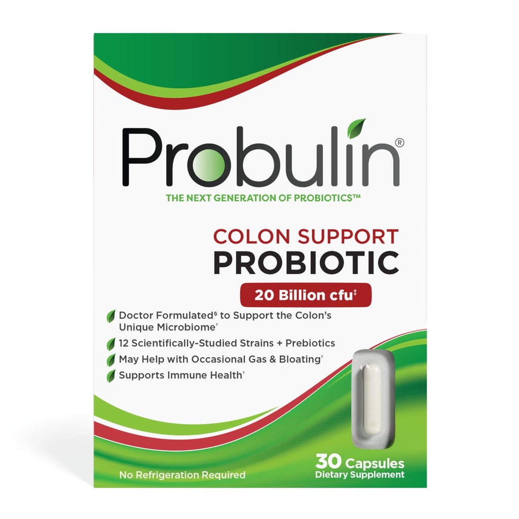 Probulin Colon 支持每日Probiotic + Prebiotic + 支持古特健康,不定期气体和布洛廷 - 20亿 CPU - 12 Strains, 30 Vegan Capsules