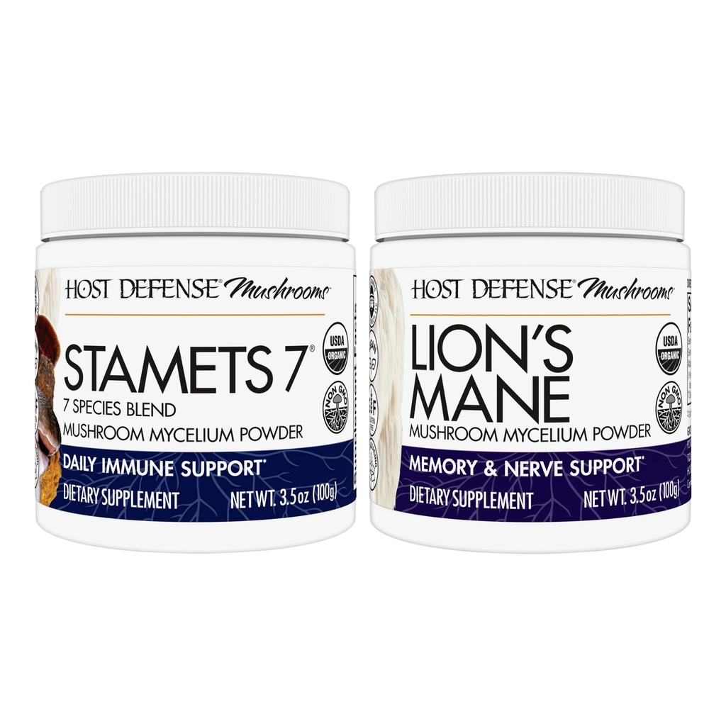 Host Defense Bundle with Stamets 7 Mushrom Powder,3.5 oz & Lion's Mane Powder,3.5 oz - 支持Immune Health with 7 物种 Blend - 支持脑健康,记忆和焦点*