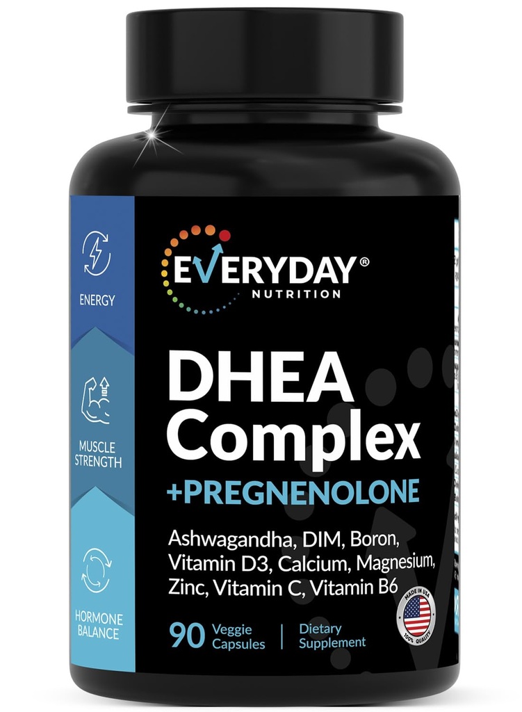 DHEA Micronized 200 mg 配有 Pregnenolone 100 mg 配有 Ashwagandha、DIM、Magnesium、Boron、Calcium、Zinc、维生素D3、C和B6 荷尔蒙支持的男女补充剂 - 在美国制造 90 Capsules