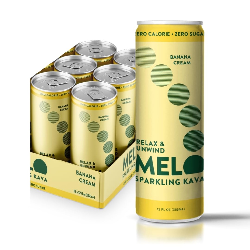 Melo Sparkling Kava Drink,香蕉奶油,无糖无酒精饮料配零卡路里,Gluten Free,Vegan,100%天然摩克尾巴配100mg Kava根每饮料,6包,12oz罐