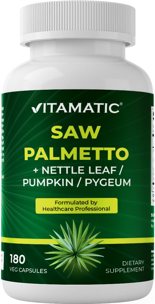 男子和女子的Vitamatic Saw Palmetto提取 180 Veg Capsules - 用南瓜种子, Pygeum, Nettle Leaf - 在美国制造 - 促进健康前列腺功能