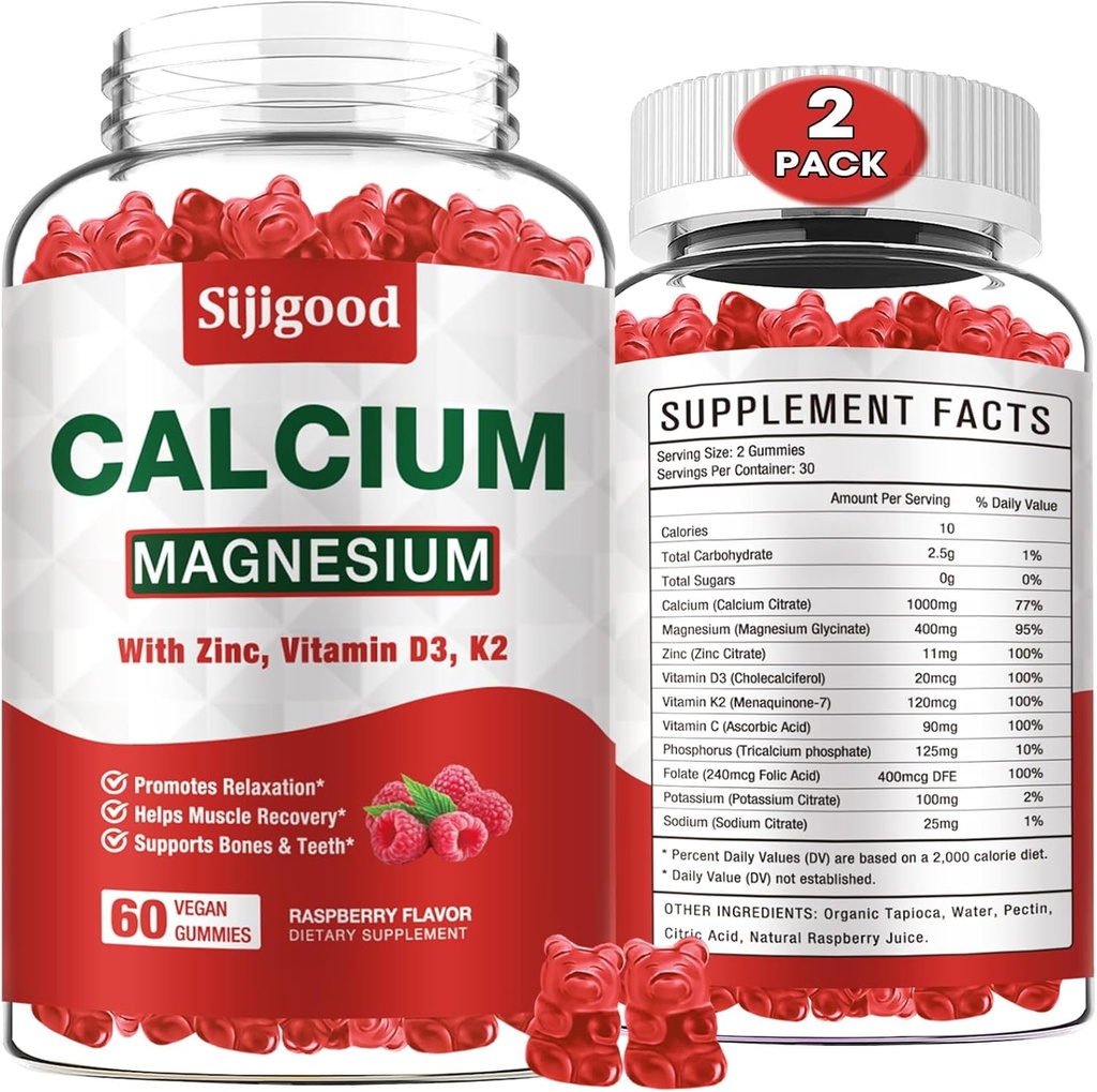 2 Pack Calcium Magnesium Zinc Gummys配有维生素C D3 K2,Calcium Gummys配有骨骼,肌肉,Calm & Zzz支持,高吸收公式配有镁锌钾,Raspberry Flavored 120 Cts