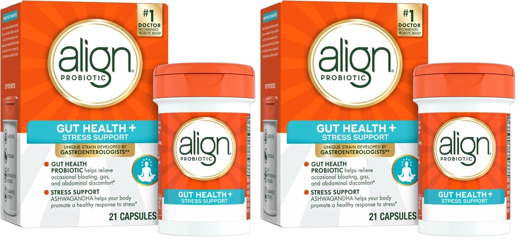 Align Probiotic, Digestive De-Stress, 与Ashwagandha一起为妇女和男子提供Probiotic, 帮助健康应对压力, Gluten Free, Soy Free, Vegetarian, 21 Capsules (Pack of 2).