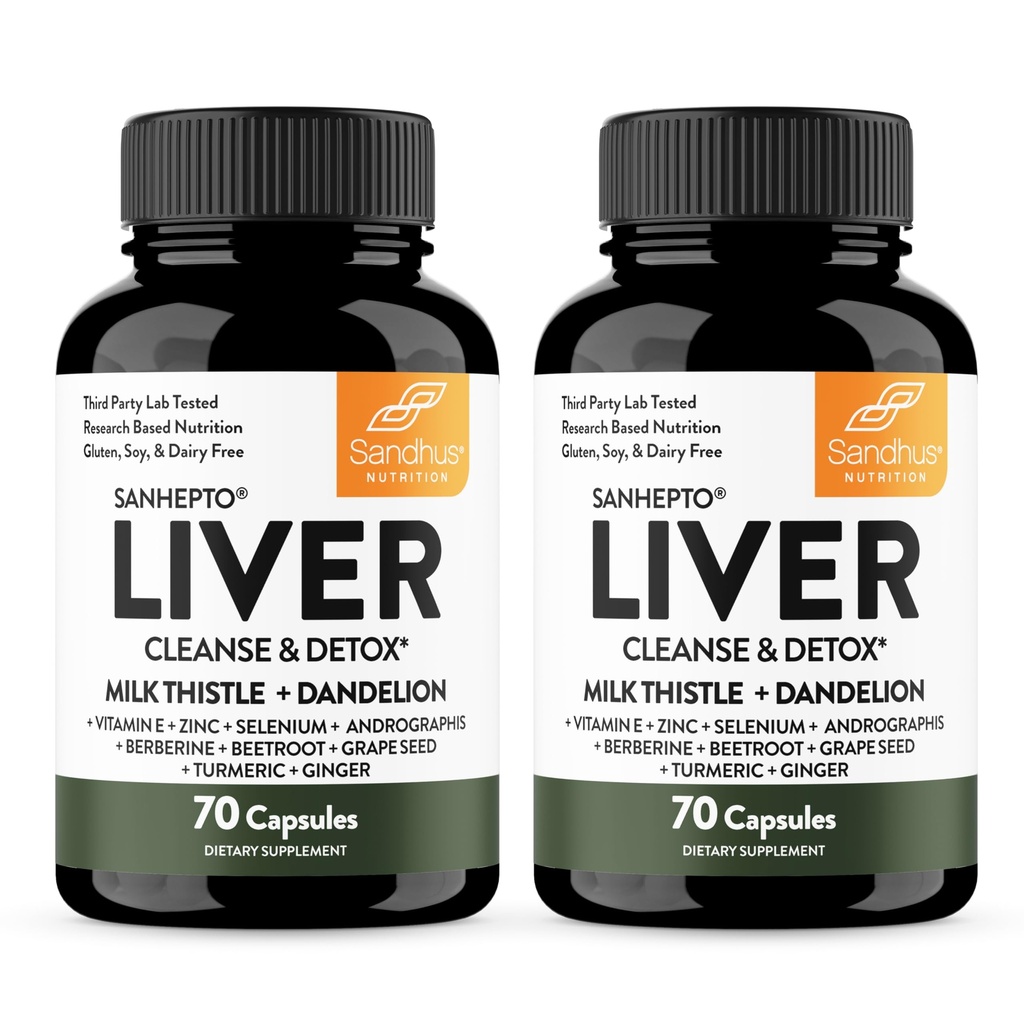 Sandhu's Liver Cleanse Detox & Reference support | 70 Capsules (Pack of 2) | 草药补充 liver Health | 牛奶 牛排 Dandelion 根 Androogris 配有 8 矿物