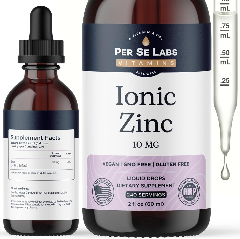 Per Se Labs Ionic Zinc Liquid - 10 mg 高吸收 240 为成年人服务 液化锌滴 - 免疫支持皮肤护理 锌补充剂 - Vegan Zinc Sulfate 抗氧化剂 饮食补充剂 - 2 Oz