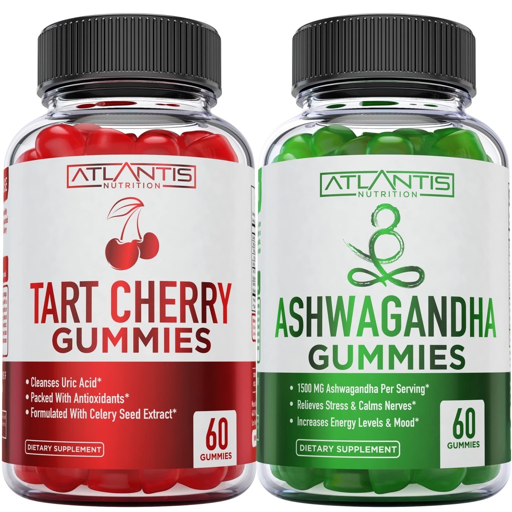60 Ashwagandha Gummys + 60 Tart Cherry Gummys - Ashwagandha Boosts 能量水平与强化免疫系统 - Tart Cherry 拥有高级的Uric酸清洁剂,用于即时止痛 Reli
