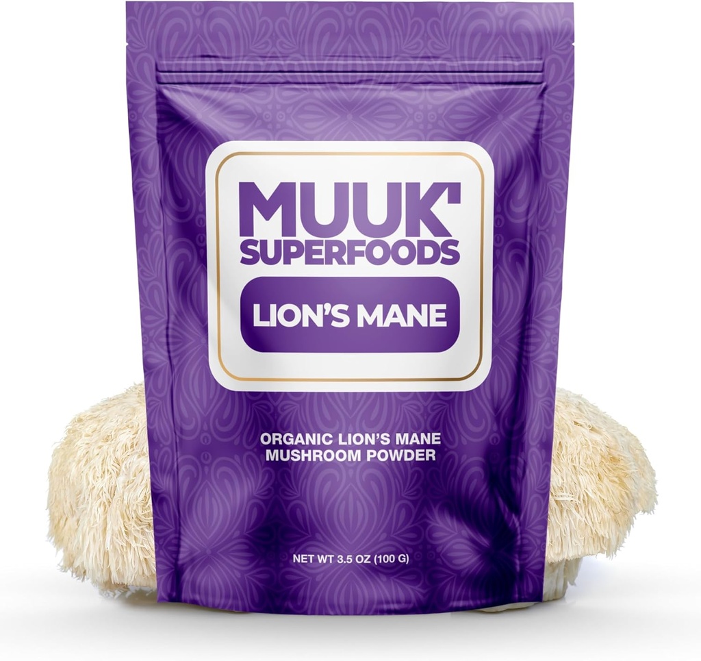 MUUK的SUPERFOODS 纯有机狮子的马内蘑菇粉 ^ 脑爆裂 USA-Made → 3.5 oz(100g), 60个服务