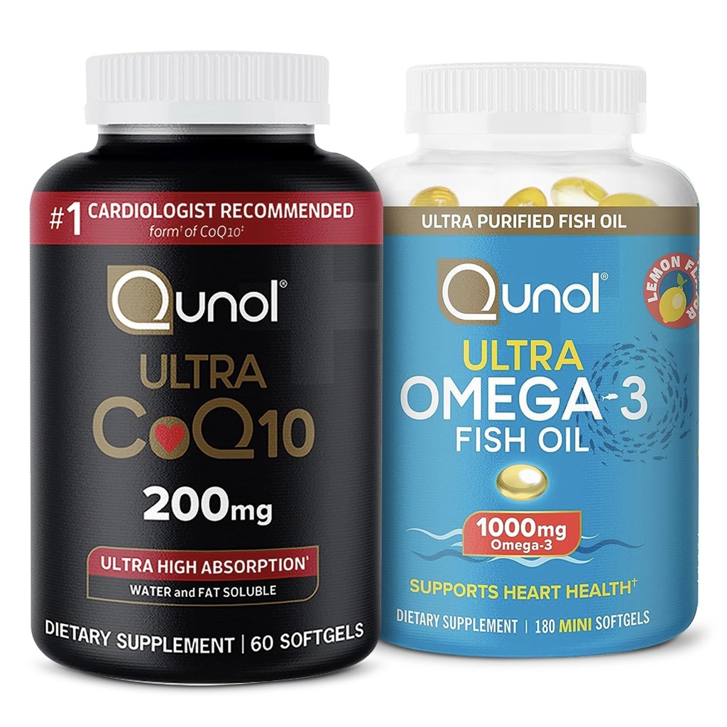 Qunol Ultra CoQ10 200mg Softgels - 超高吸附共聚物 Q10 补充 - 2个月供应 - 60 + 鱼油 Omega 3 小型软凝胶 1000mg Omega 3 EPA + DHA 3个月供应 180个