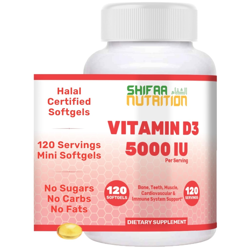 SHIFAA营养 Halal Vitamin D,Halal Vitamin D3,5000 IU软胶,120 services. 非GMO,无腺,支持:结构,骨骼,牙齿,心脏,肌肉和免疫功能
