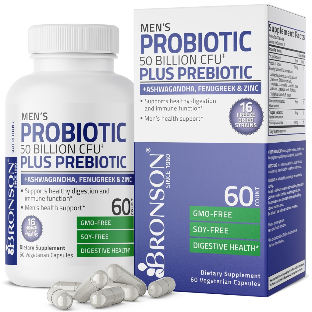 Bronson Men's Probiotic 50亿 CMU Plus Prebiotic with Ashwagandha, Fenugreek & Zinc, 支持健康消化和免疫功能 非GMO, 60 蔬菜卡普尔