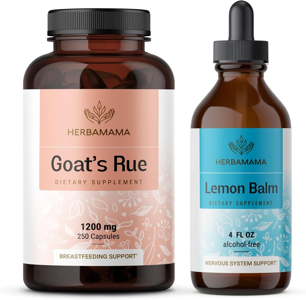 HERBAMAMA山羊的Rue和Lemon Balm Kit - 1200毫克山羊的Rue Capsules和Lemon Balm液滴 4 fl z - Vegan, Non-GMO,糖和无酒精 - 2 pack