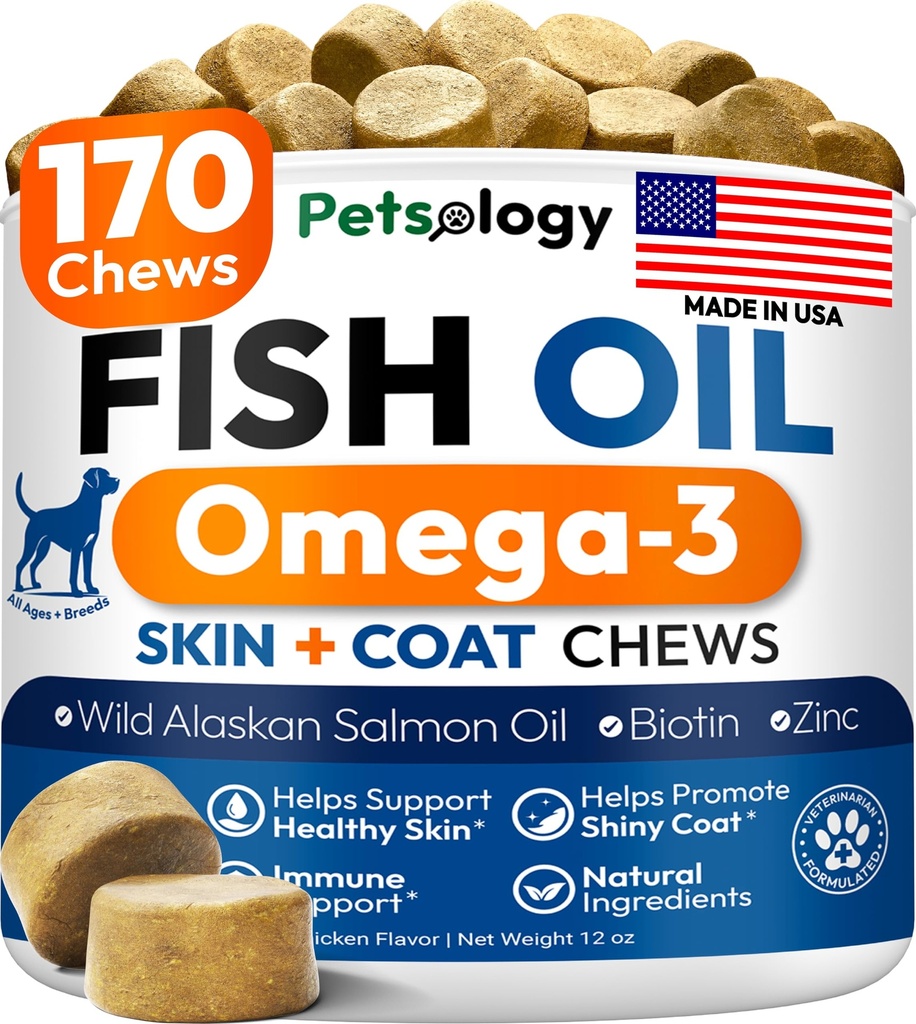 Omega 3 Fish Oil for Dogs - 170 Chews - Omega 3 for Dogs Ichy Skin & Alergy Relief - Skin & Coat 补充 - EPA & DHA Fatty Acids - 狗防 Sheding & Hot Spot 处理 - 沙门油