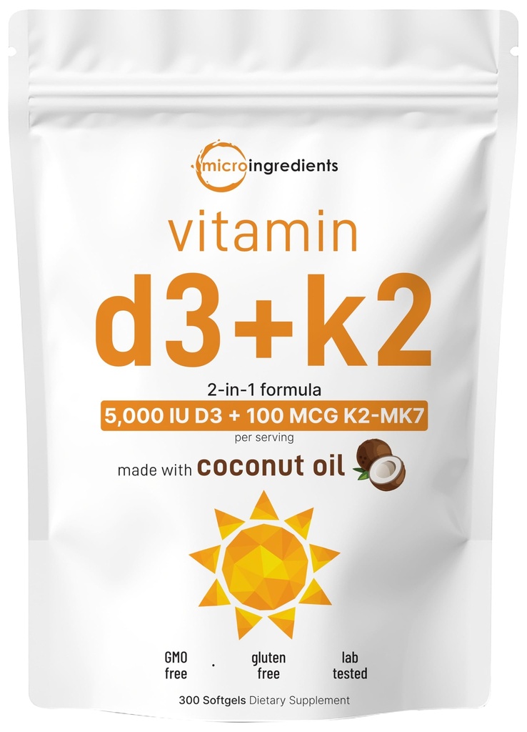 微成份 维生素 D3 5000 IU + K2 MK-7 100 mcg, 300 Softgels → vigin Coconut Oil → 2-in-1 Bone, Immune & Heart Supports → 容易吞咽, Non-GMO