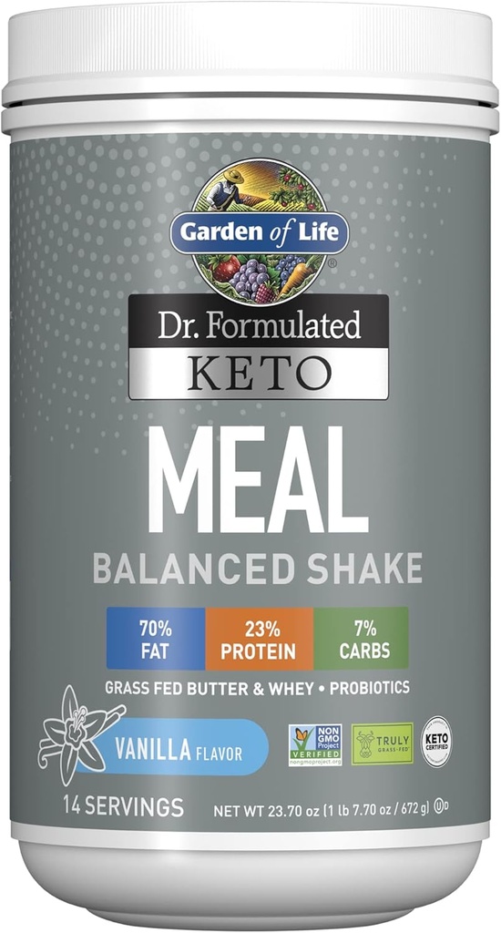 生活花园博士 配制的 Keto Meal balanced Shake - Vanilla Powder, 14 services, True Grass Fed Butter & Whey 蛋白质加蛋白质, Non-GMO, Gluten Free, Ketogency, Paleo Meal 替换