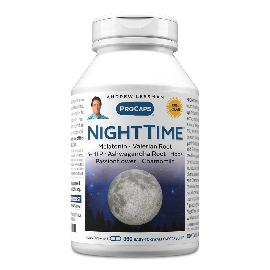 (原始内容存档于2018-07-21). Andrew Lessman Night Time 360 Capsules - 3mg Melatonin, Valerian, Ashwagandha, Passionflower, Hops, Chamomile. 无晨食谷. 自然支持,温柔的休息。 容易燕子笼盖