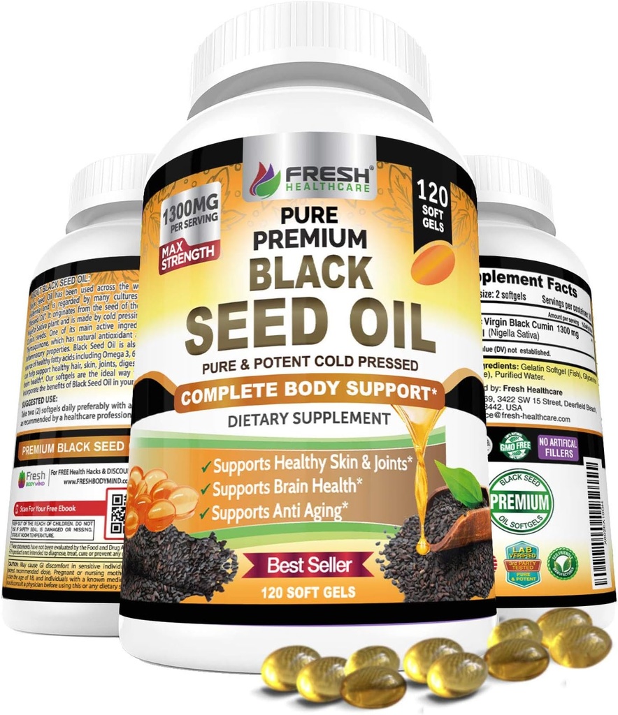 FRESH HEALTHARE 黑种子油盖冷压1300mg - 100%纯非GMO Nigella Sativa - Immune & 联合支持 - Premium Softgel 补充