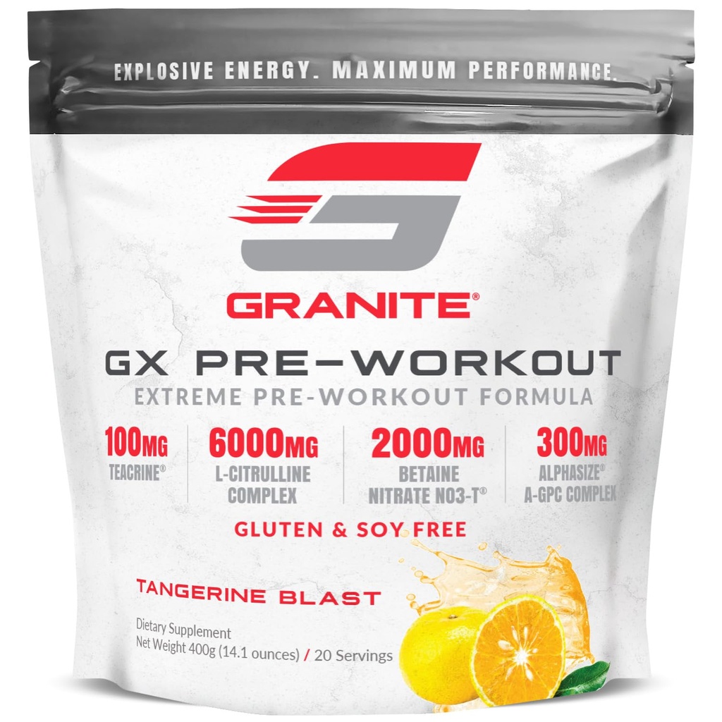 Granite GX Pre Workout 补编,Tangerine Blast Flavor, 支持焦点, 能量,和与Teacrine, L-Citrulline, Betaine, & A-GPC(20架)的性能