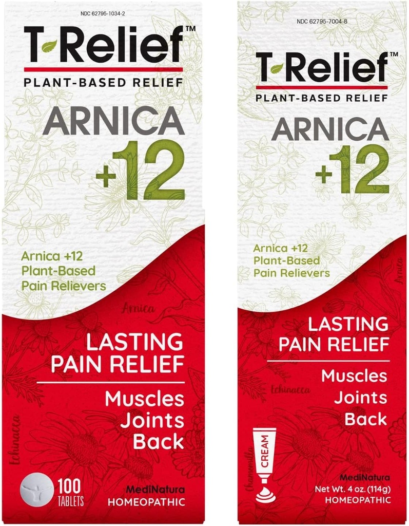 MediNatura T-Relief Arnica + 12 天然疼痛释放器 100厘米板块 T-Relief 天然疼痛救济 Arnica + 12 4oz Cream Bundle