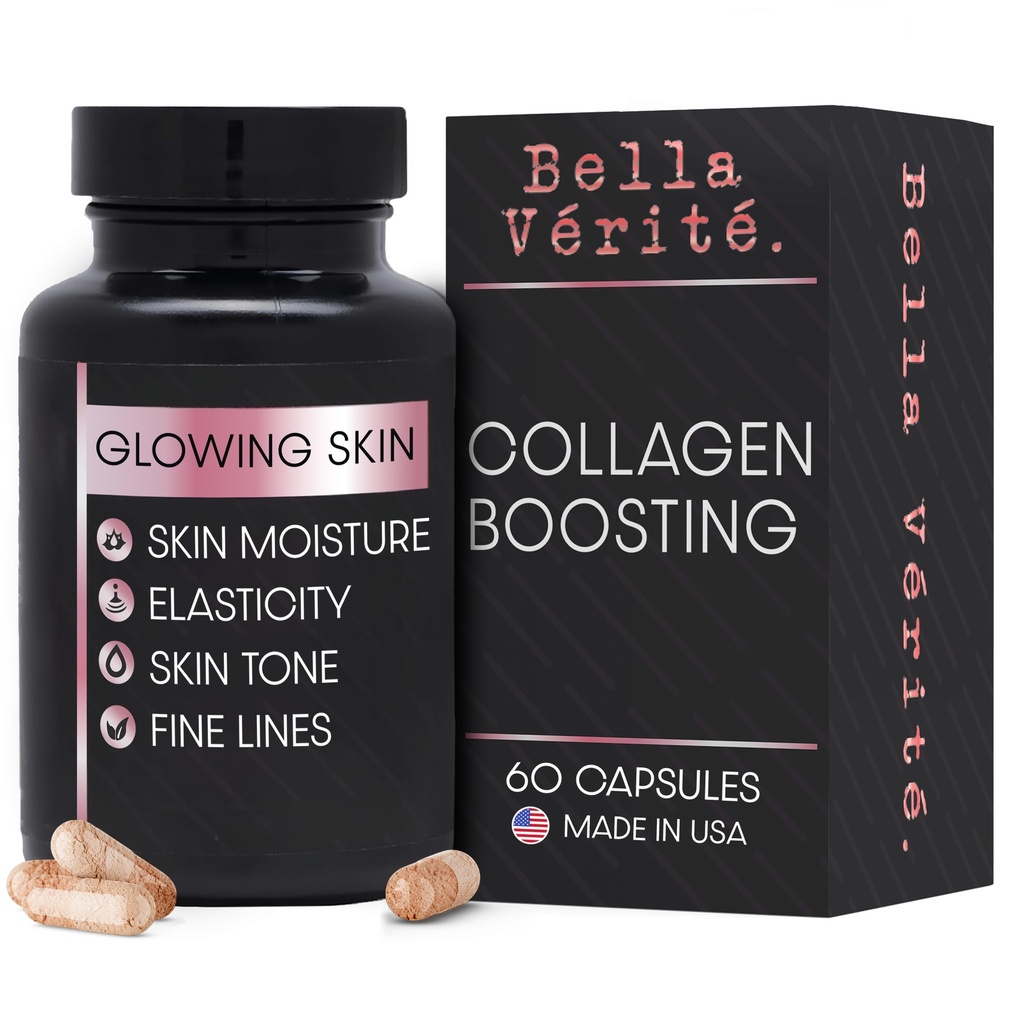 Bella Vérité Daily Collagen 女性和男性补充食品 - 青春、辐射复合体和整体健康的基本维生素 - 支持光滑皮肤、减少皱纹和干燥(60 Capsules)