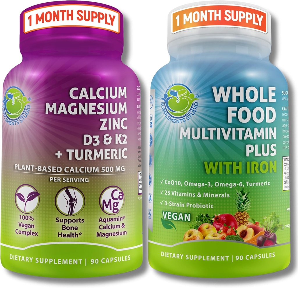 Vegan全食品 配有铁+厂基钙,镁,锌,D3,K2 & Turmeric – Vegan Daily Supports for Energy, Bone Health, 豁免和整体健康三重奏