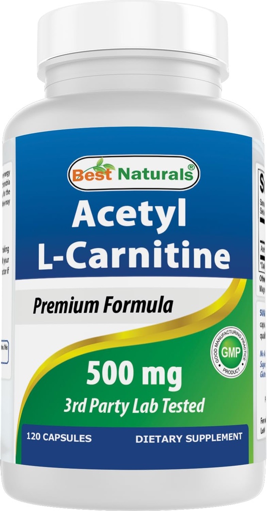 最佳天然乙酰L-卡尼丁(ALCAR)500mg,120 Capsules,120 services - 非GMO和Gluten Free, 1 capsule per service