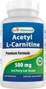 最佳天然乙酰L-卡尼丁(ALCAR)500mg,120 Capsules,120 services - 非GMO和Gluten Free, 1 capsule per service