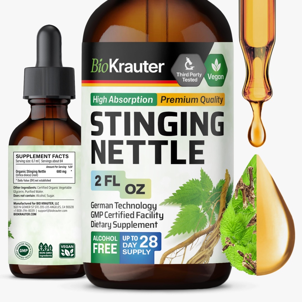 BIO KRAUTER Sting Nettle Tincture - Nettle Root提取液 - 尿液支持补充 - Urtica Dioica自然提取 - Vegan,糖和酒精自由滴2 Fl.Oz.