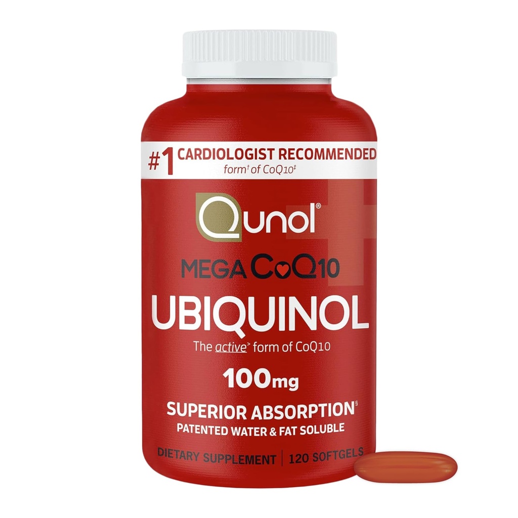 Qunol Mega Ubiquinol CoQ10 100mg,高级吸收、专利水和脂肪可溶性自然补充形式Coenzyme Q10,抗氧化剂促进心脏健康,120 Counter(Pack of 1)软胶