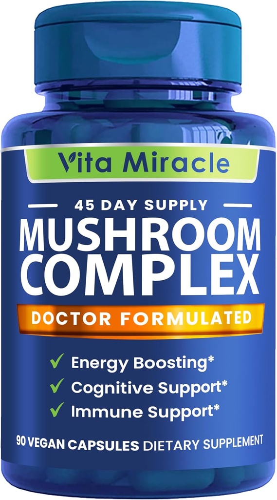 蘑菇补充剂 Capsules - 10x 蘑菇复合剂 狮子马恩 Cordyceps Shiitake Reishi 蘑菇补充剂 - 所有天然草药 维生素 提取药剂用于聚焦能量和大脑 90 Capsules
