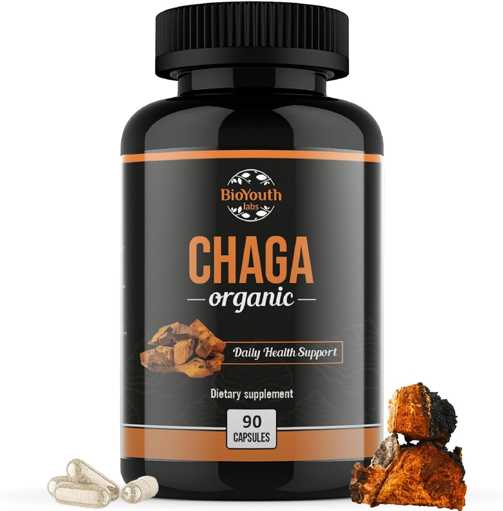 Chaga Capsules 有机补充 + 支持免疫健康与生命 → 日常免疫支持 + 有机Chaga 蘑菇 提取 → 90 Capsules (1个月供应)