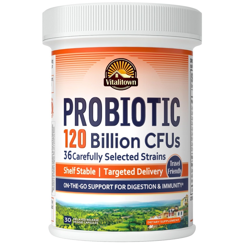 Vitalitown Probiotics 120亿 CFUs, 36 Strains, Prebiotics, 男性消化酶, 延缓释放, 车架稳定, 关于去消化支持, 30 Veg Caps