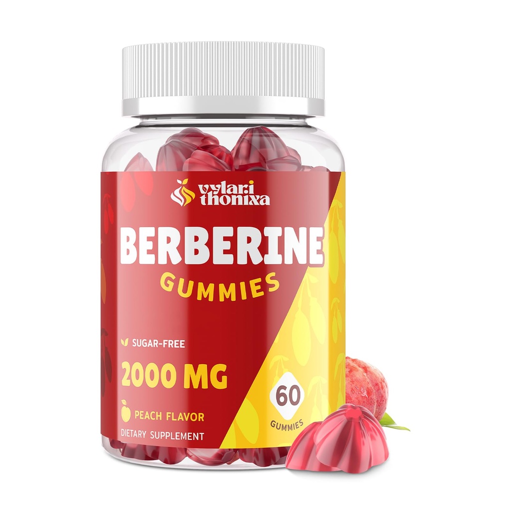 2000mg Berberine Supplement Gummys - 配有锡兰锡桂糖, Tur,镁,铬 - 无糖,Vegan,Non-GMO,Gluten-Free - Peach Flavor 60 Gummys - 1 Pack