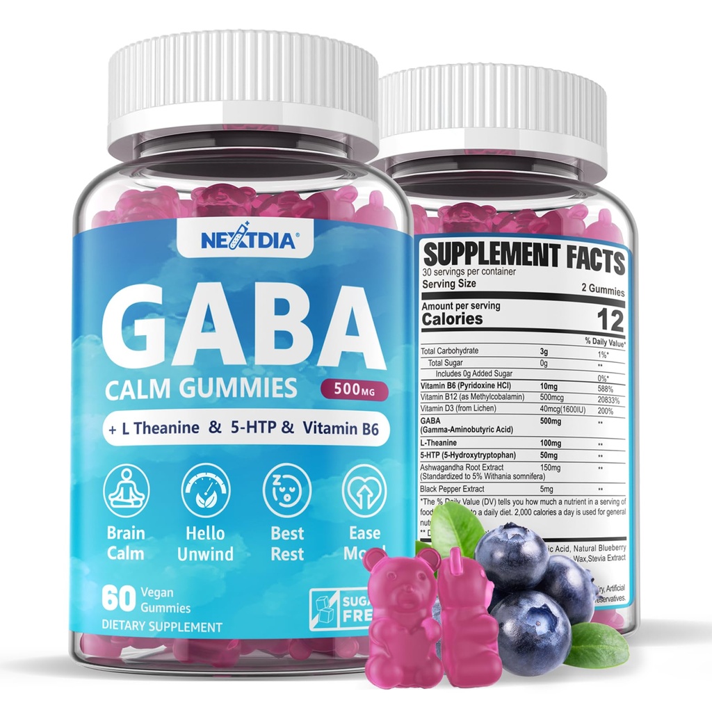 GABA Gummys 500 mg - 与L Theanine, 5-HTP,维生素D3, B12, Ashwagandha, Melastonin- Free for Brain Calm, Mood, Zzz Better, GABA 成人增购,蓝莓火焰, 1Pack