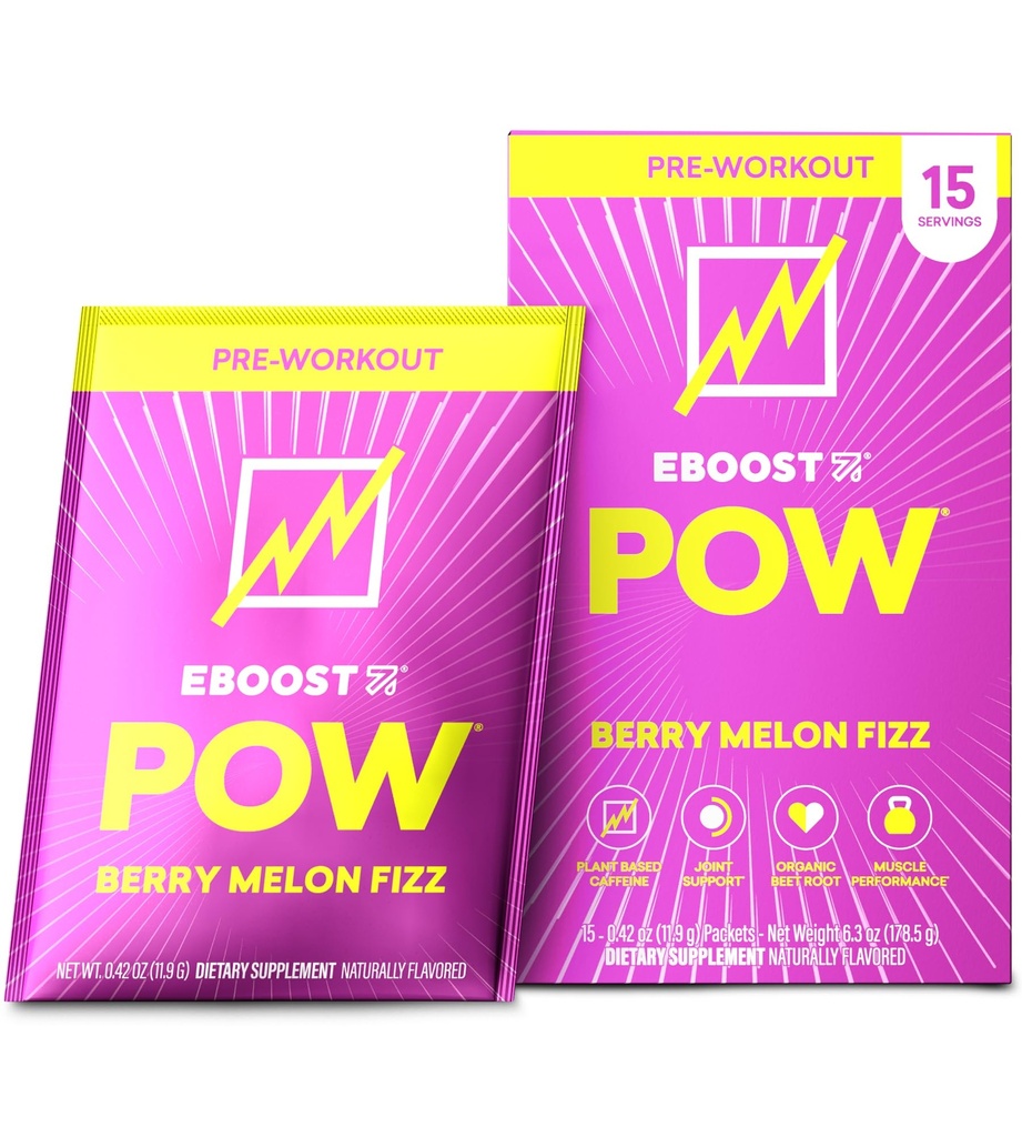 EBOOST POW 天然工作前粉 - 15个包,Berry Melon Fizz - 预工作能源助推器 Gym 补充饮料 男女混合饮料 - 性能,联合流动支持 - 格鲁滕-无