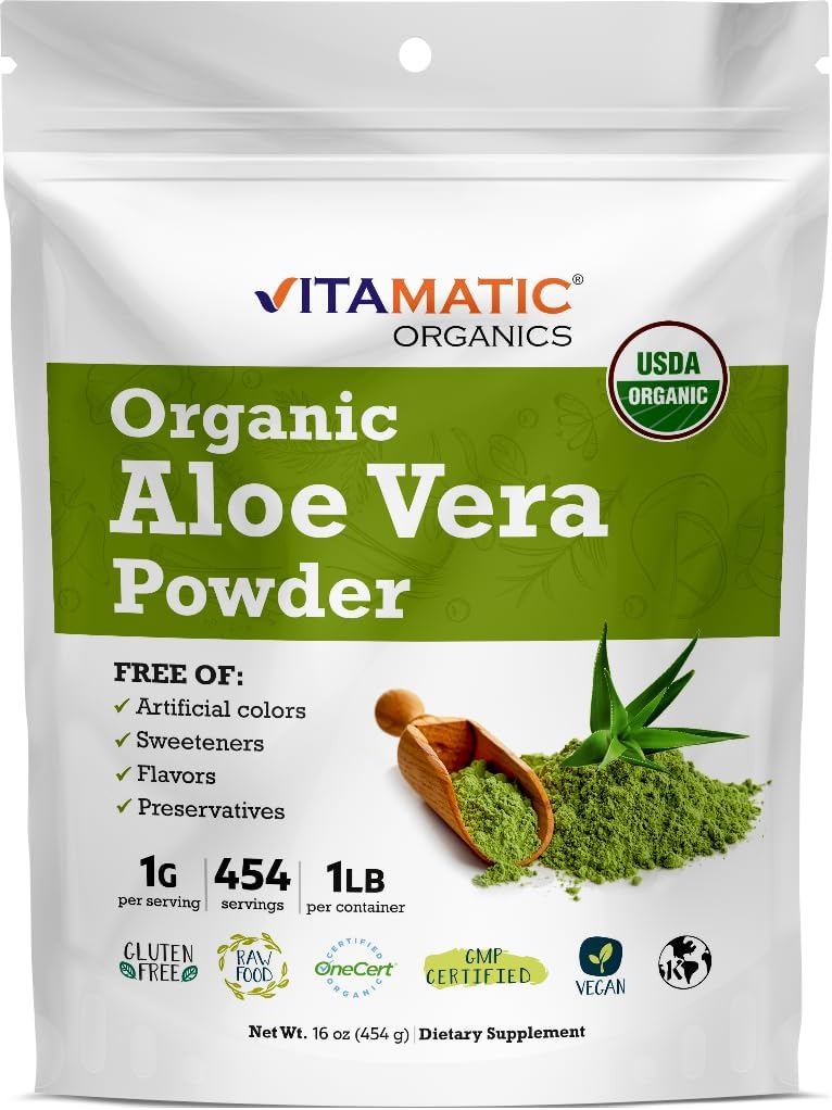 维生素认证 USDA 有机Aloe Vera Powder – 1 lb (16 oz) 支持皮肤,文摘,Detox & Immune健康 → Non-GMO, Gluten-Free, Kosher