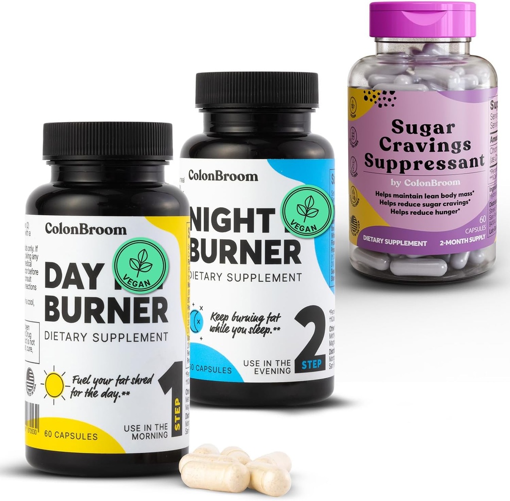 ColonBroom Day & Night Burner 补充品,重量管理药丸(60种服务) + 碎糖抑制剂 - Chromium Piclination 200mcg(60种服务), 3项