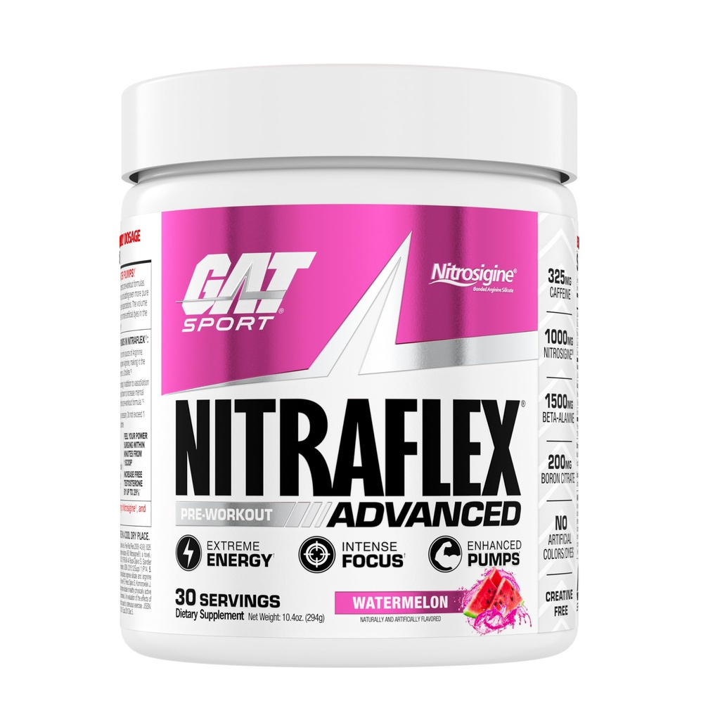 GAT SPORT Nitraflex 高级工作前粉, 增加血流, 靴子强度和能量, 提高锻炼性能, 无奶油( Watelon, 30 series)