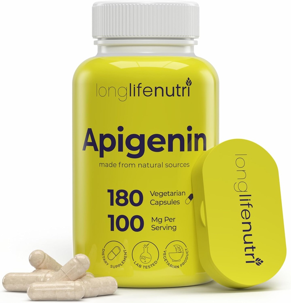 LongLifeNutri Apigenin 100mg – 天然生物拉沃诺伊产自查莫尼勒提取物,180种蔬菜卡普苏莱斯,睡眠补充品,Mood, & Relaxation,6-Month Supply, GMP认证,美国制造