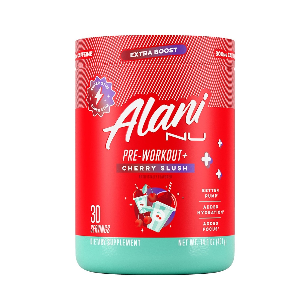 Alani Nu Pre Workout+ 粉红樱桃 Slush, Extra Boost, 无糖, 300mg咖啡因, L- Theanine, Beta-Alanine, Citrulline, 30种服务
