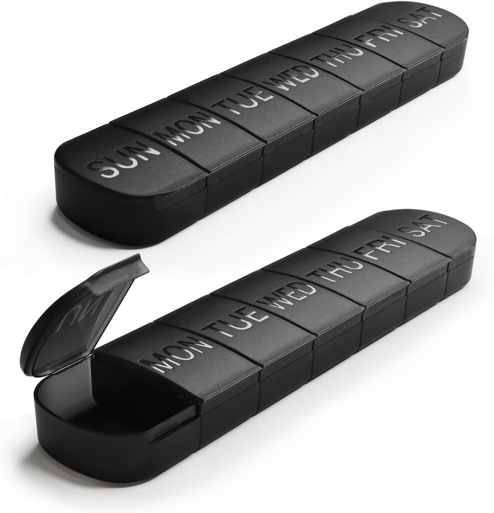 大型"每周药丸"组织者,2-Pack 7天药丸盒,装有Debossed Labels, Fade Resistant, BPA- Free Translucent Lids(黑色和黑色)