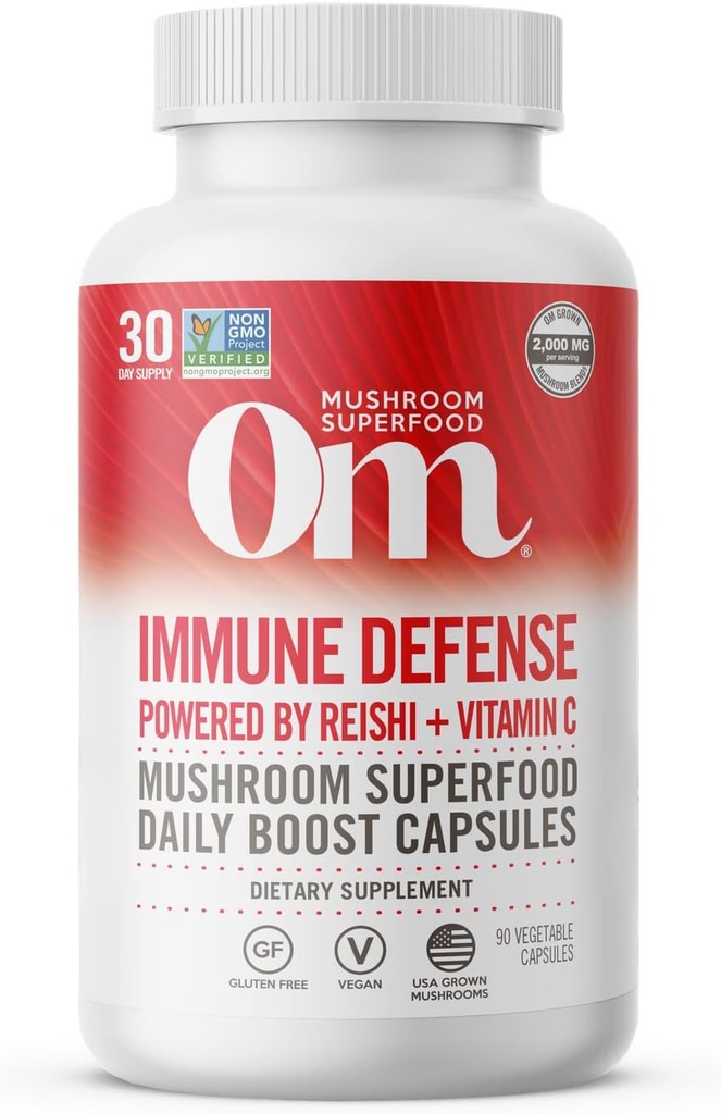 Om 蘑菇超食品 防疫超食品 Capsules Superfood Supplement, 90 Count, 30 Days, 蘑菇Blend, Reishi, Turkey Tail, Maitake, Agaricus Blazei, 维生素C, Vegan