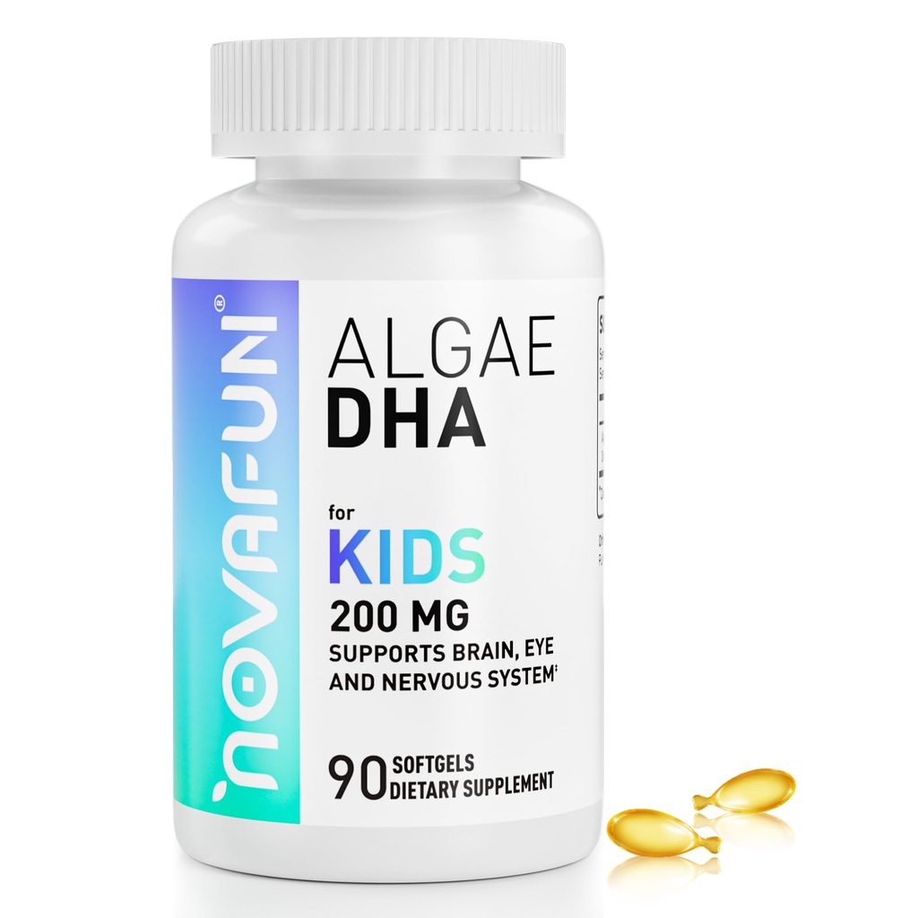 Algal sourced Omega-3 & DHA Softgels for Kids, Brain, Eye and Heart Health, 认知和免疫功能,学习,社会发展 - 非GMO - 200毫克 - 45天供应 - 90厘米