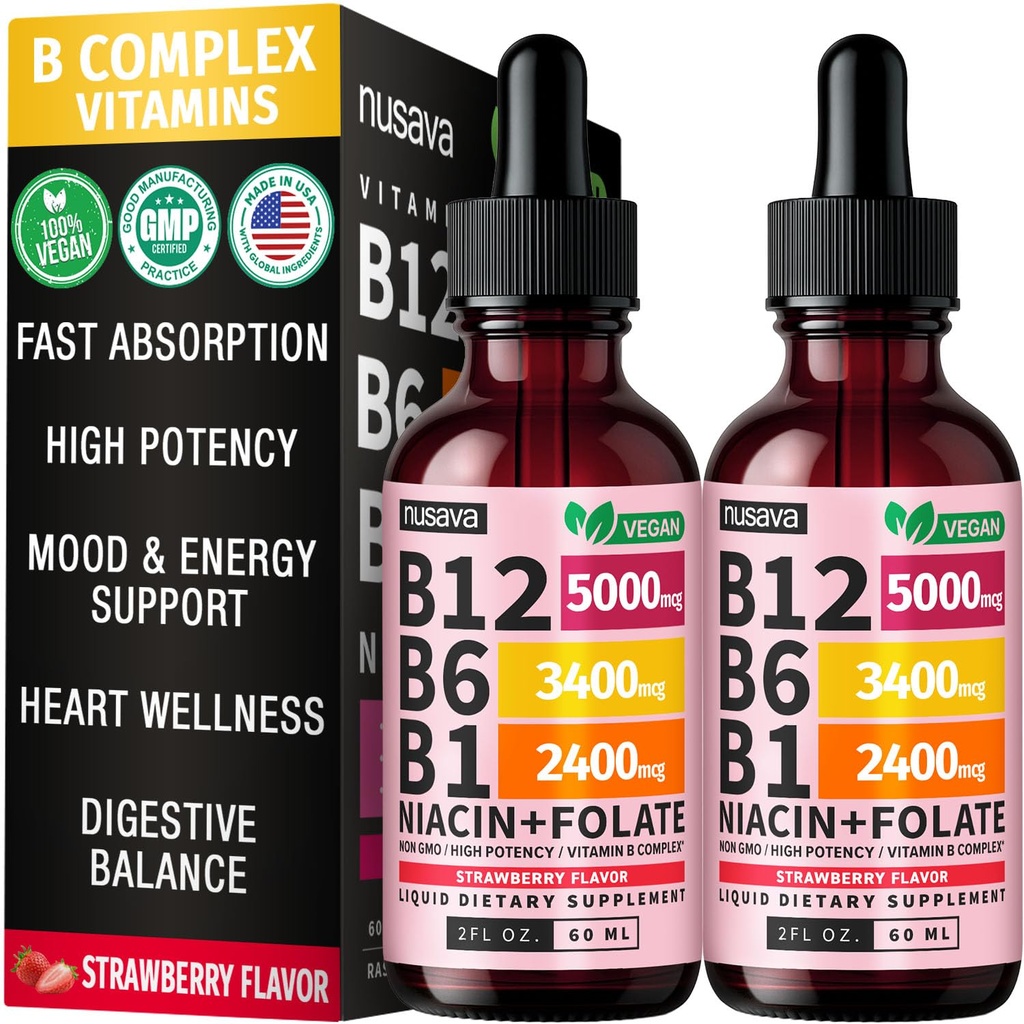 (2包)维生素B12和B6液滴,B12 亚语维生素B复合体-B12 维生素5000mcg-B12 甲基Cobalamin for Energy, Brain, and Heart Supports, 27,200mcg, 草莓, 80 services