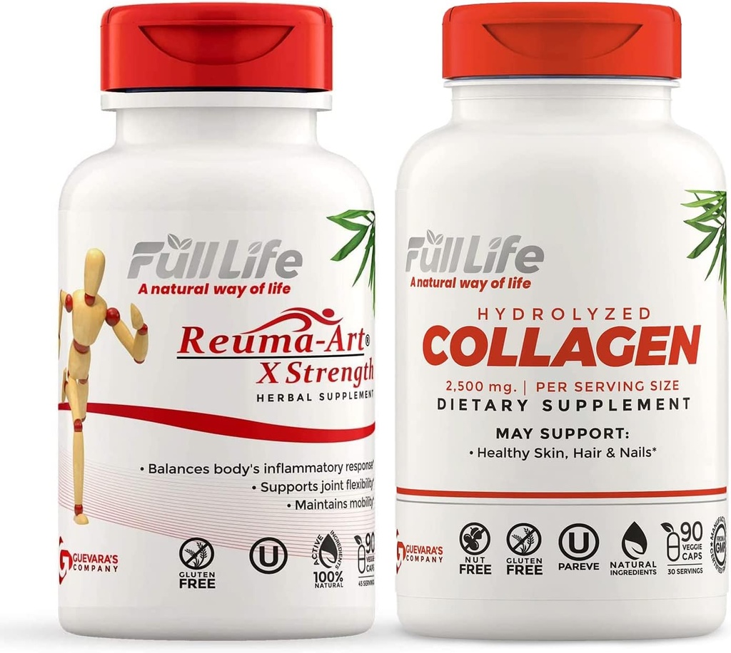 Full Life Reuma-Art X 强度和水解凝胶-联合支持补编-Bovine Collagen Pills-Kosher, Gluten-free-90 Veggie Capsules 每份