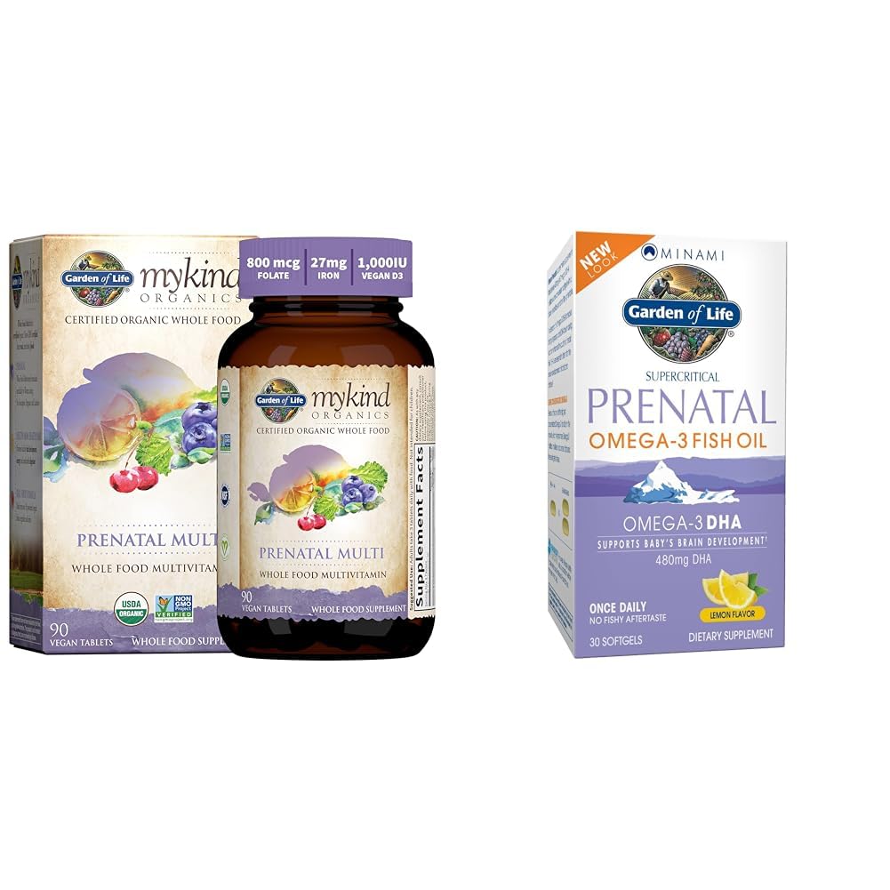 生活花园 女性产前多维生素与维生素D3, B6, B12, C & Iron & Minami 天然产前 DHA Omega 3 鱼油补充剂 软胶,柠檬, 30 计数