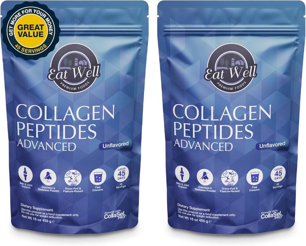 EAT well PRIMIUM FOODS Collagen Peptides Powder 蛋白45 service, 16oz, Collagen for Skin, Bone and Joint Support, I & III Grass Fed Collagen (45 service (Pack of 2), 不受欢迎的)