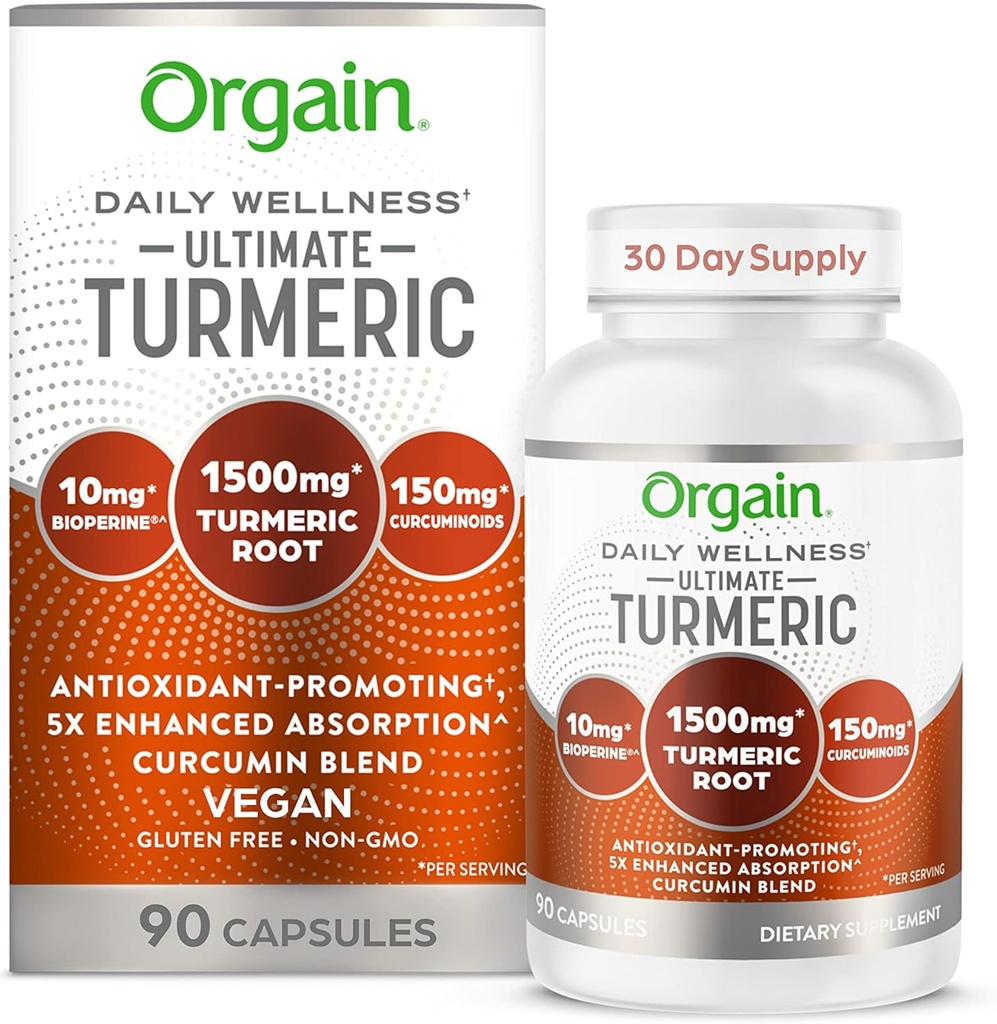 Orgin 终极图尔克补充剂 1500mg, Crucumin 和 Bioperine 黑椒 提取草药混合物,支持抗氧化剂和心脏健康 - 90 Capsules, 1个月供应量
