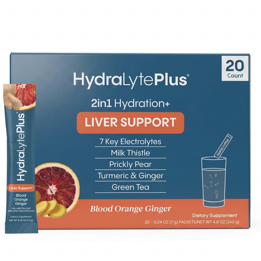 Hydrlyte Liver 支持 + 电解混合 与 Milk Thetle, Turmeric, Ginger, Prickly Pear, Green Tea 提取法用于快速补水(Bloud Orange Ginger, 20 Packets)