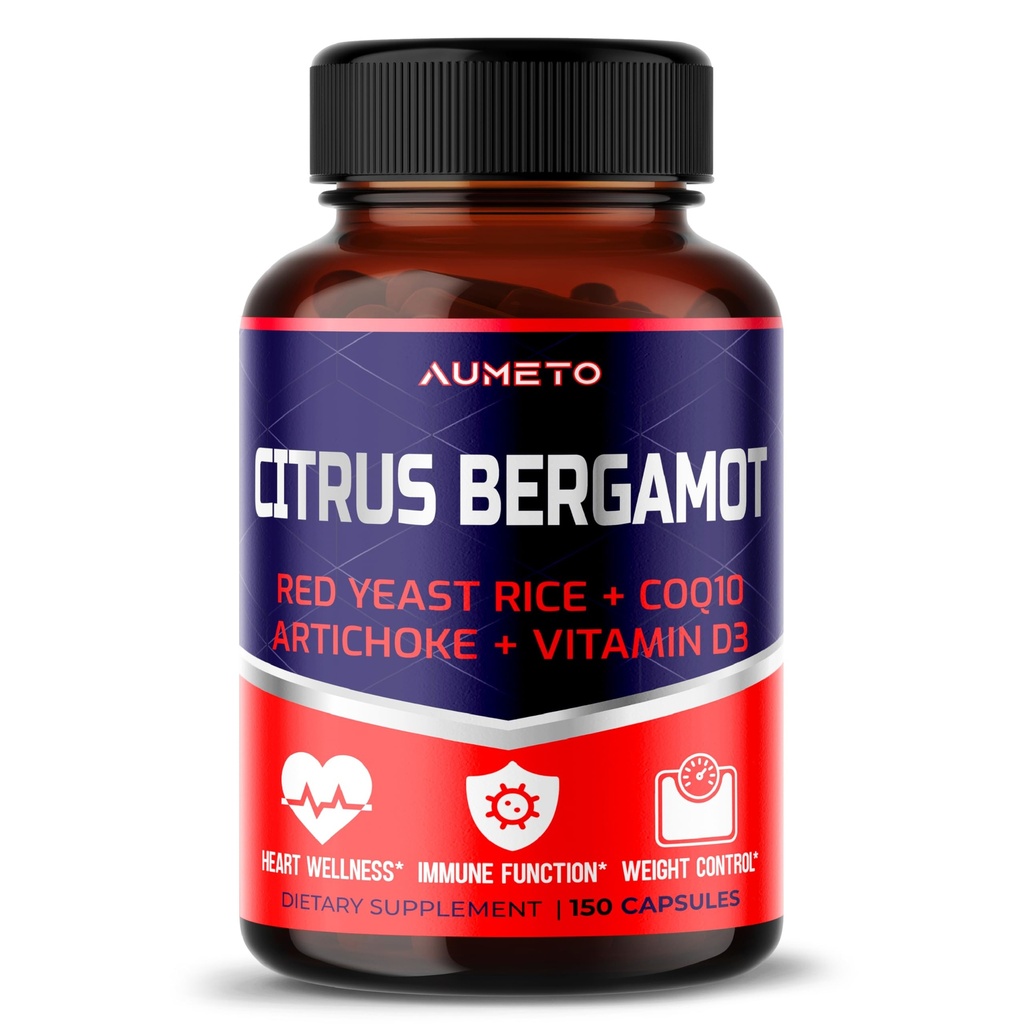 Citrus Bergamot 配有红酵母大米,CoQ10,Artichoke,维生素D3 - 支持整体流通健康与免疫系统(150个计数(一包))