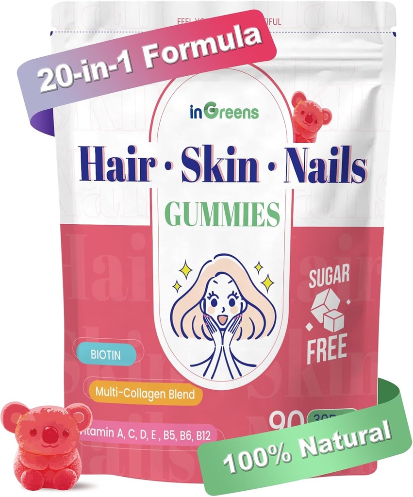 20-in-1 毛皮与直肠胶片,毛生物素 女性和男性用 10000 mcg Biotin, 维生素 A, C, D, E 换发型生长与健康皮片, 白桃 Flavor, 90 Gummys